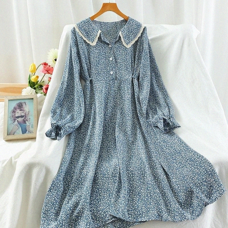 Robes d←contract←es Style Sweet Korean Fan Doll Collar Curnion Robe Femme Earnom Automne Loose Waist All-Match Print Mid-Longing Fashion 19is #