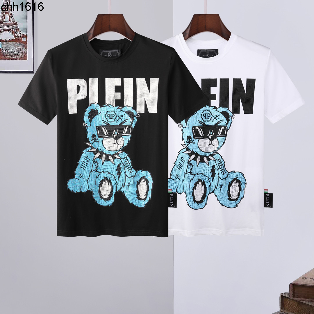 

Fashion brand Plaine short sleeve men round neck T aggressive personality Blue Bear PP hot drill fashion men short T, White
