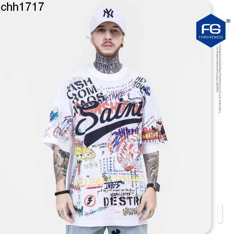 

FG Menswear 2022 spring and summer new fashion brand graffiti made old Murakami Takashi cartoon splash ink loose round neck short sleeve, White