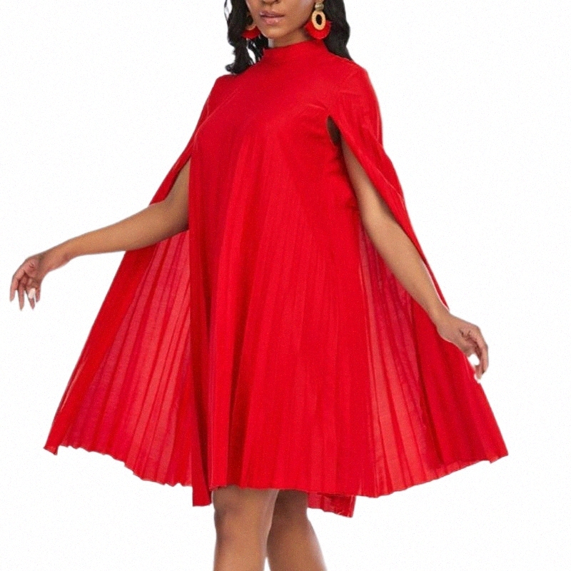 

casual Dresses Women Oversized Party Dress Cloak Pleated Loose Short Sleeve Stand Collar Large Female Birthday Robes For Summer Spring v96u#, Blue