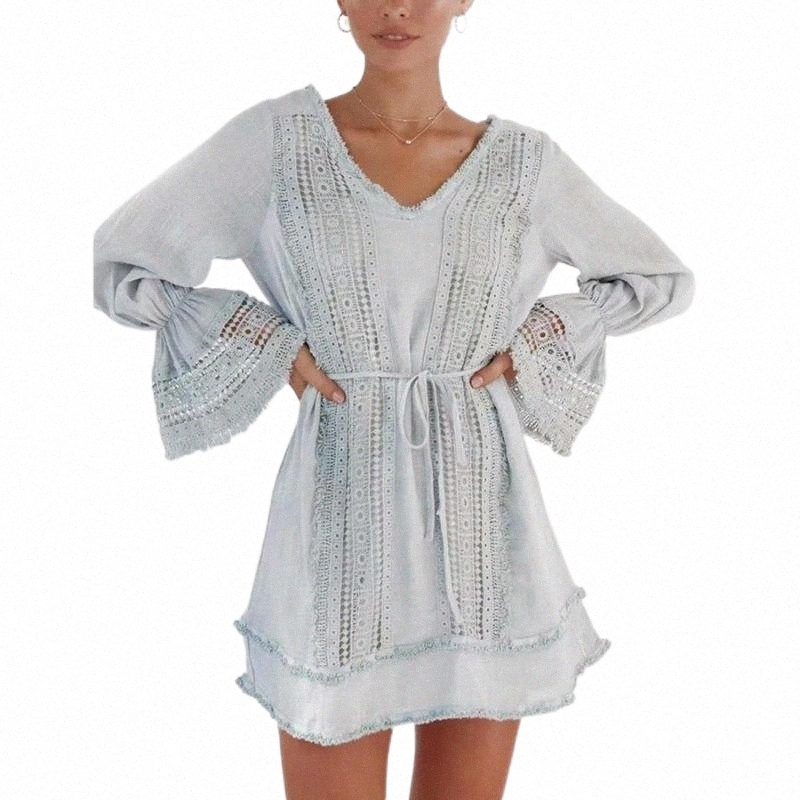 

casual Dresses KHALEE YOSE Blue Embroidered Mini Dress Autumn Women Crochet Cotton Long Sleeve Belt Chic Loops Hollow Out Boho p78M#