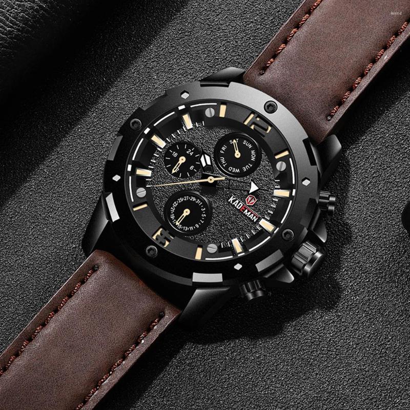 

Wristwatches 2022 KADEMAN Men Fashion Sport Quartz Clock Mens Watches Top Leather Business Waterproof Watch Relogio Masculino, Brown