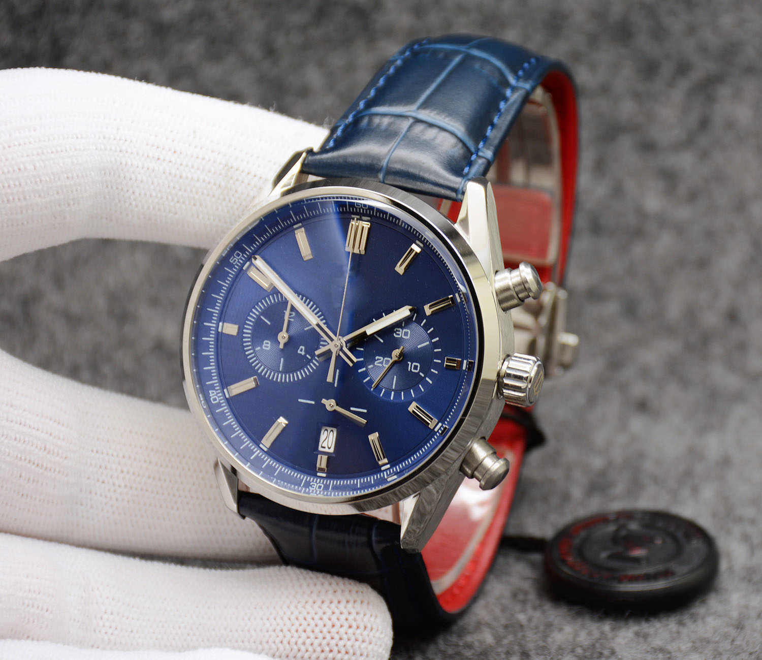 

High Grade 02 Watch 42MM Quartz VK Chronograph Battery Power Mens Watches Bracelet 80hours Blue Dial Date Leather Strap Floding Case SPORTY