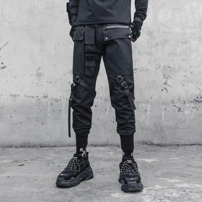 

Men's Pants Hop Hip Streetwear Buckle Ribbons Cargo Men Elastic Waist Joggers Winter Casual Trousers Techwear, Black