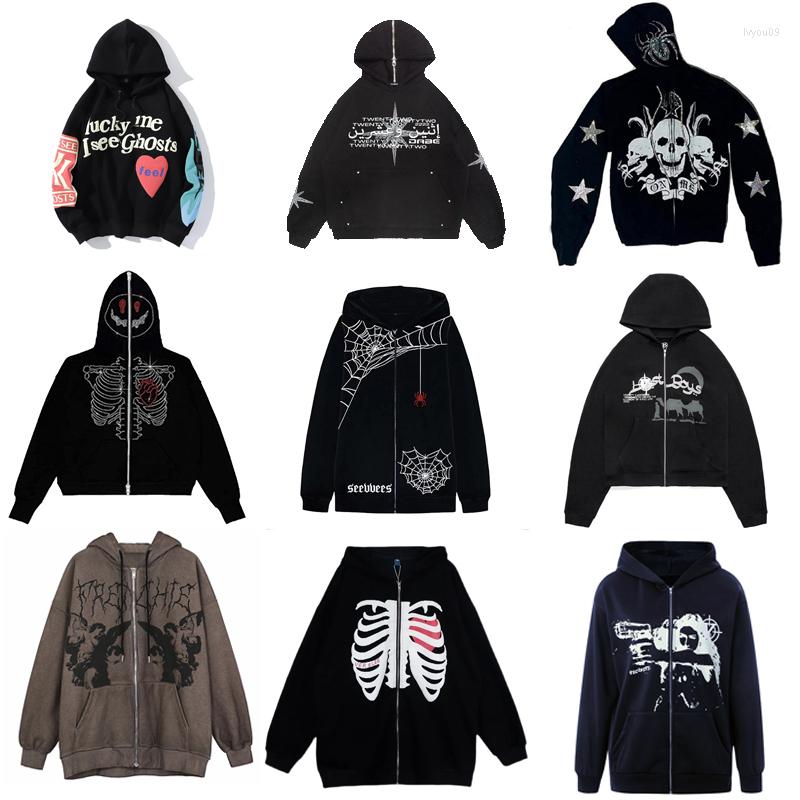 

Men' Hoodies Mens Womens Tops Sweatshirts American Fashion Full Zip Hoodie Black Skeleton Style Sloppy Outerwear Sport Coatsa, 628-black