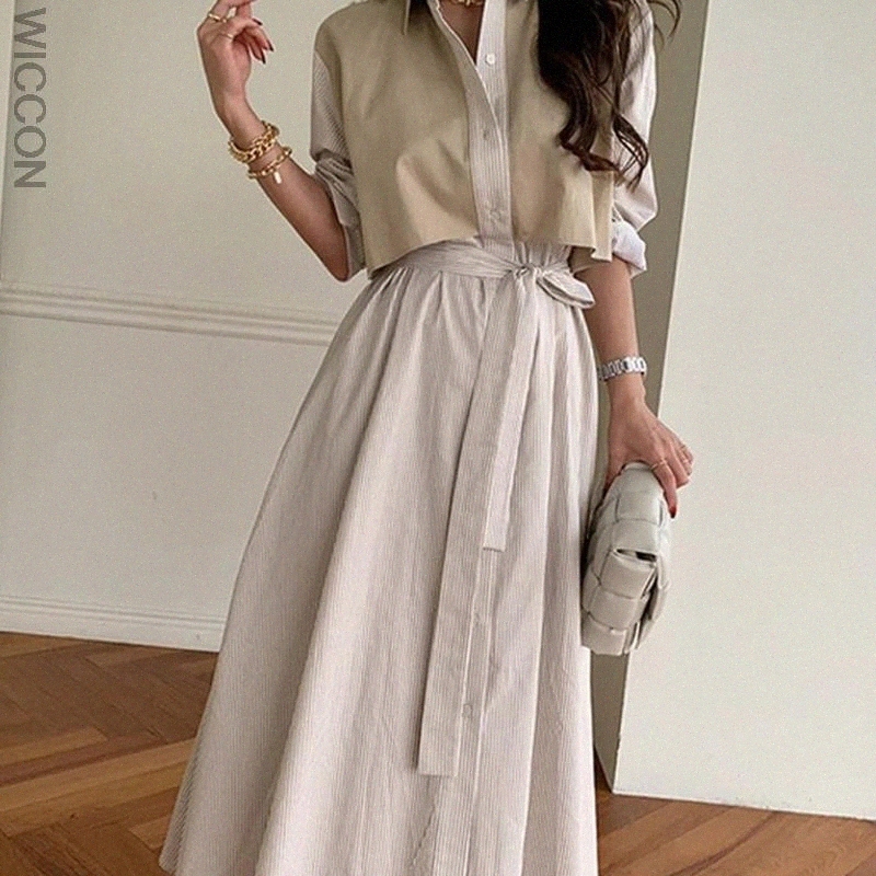 casual Dresses Autumn Striped Fake 2 Pieces Women Dress Turn-down Collar Single-breasted Lace-up Female Loose A-line r5nl#