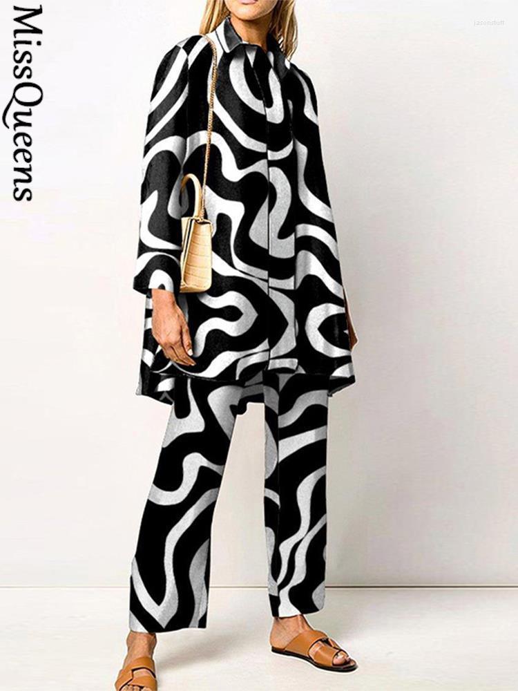 

Women' T Shirts Woman Printing Two Piece Sets Fashion Casual Loose Oversized Long Sleeve Blouse And High Waist Pants Autumn Female Elegant, Brown1