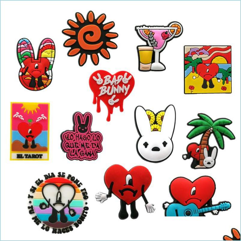 

Shoe Parts Accessories Moq 50Pcs New Bad Bunny Shape Croc Charm 2D Soft Pvc Jibz Shoe Parts Charms Accessories Trend Clog Buckles De Dhjw1