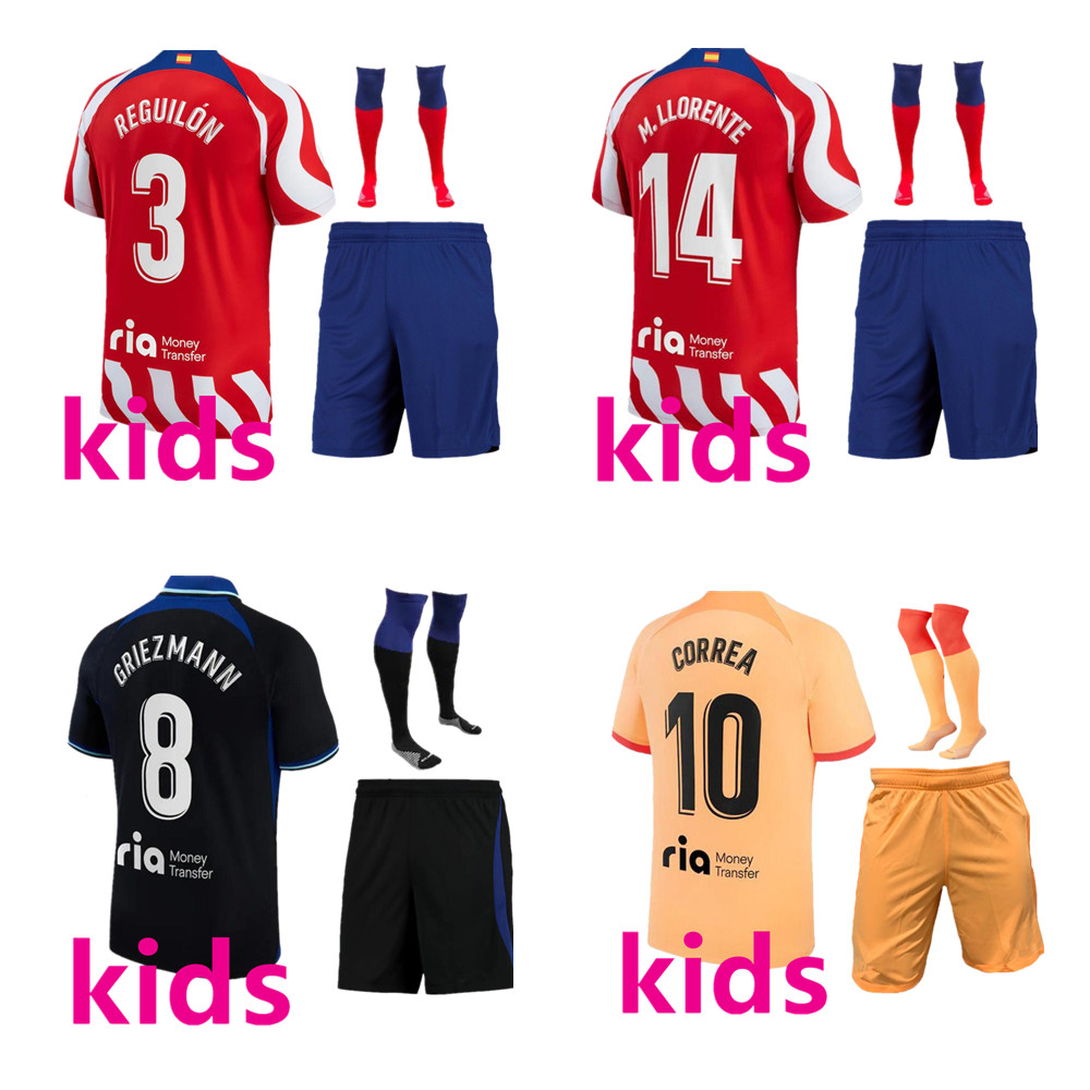 

kids 2022 2023 football kits Tracksuits GRIEZMANN Atletico MadridS Soccer Jerseys SUAREZ JOAO FELIX M. Llorente CORREA KOKE LEMAR CARRASCO Kids footbal kit, 22/23 home