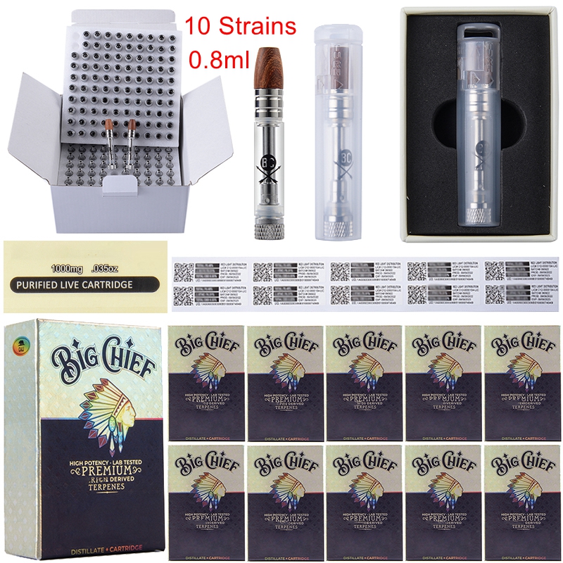 

New Packaging Big Chief Vape Cartridges Empty Atomizers 0.8ml Wood Tip Carts Eco Friendly 510 Thread Glass Thick Oil Vaporizer E Cigarettes