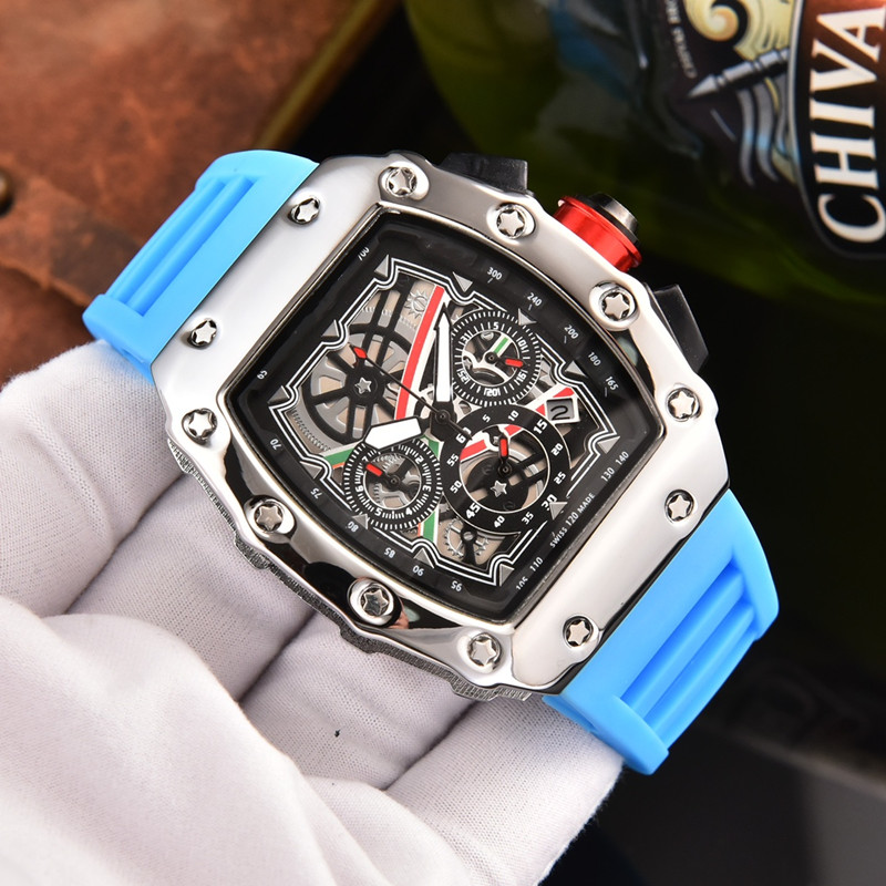 

top Mens watch Automatic Self Wind Skeleton Mechanical Red Black Rubber Strap Fashion Multifunction Watch