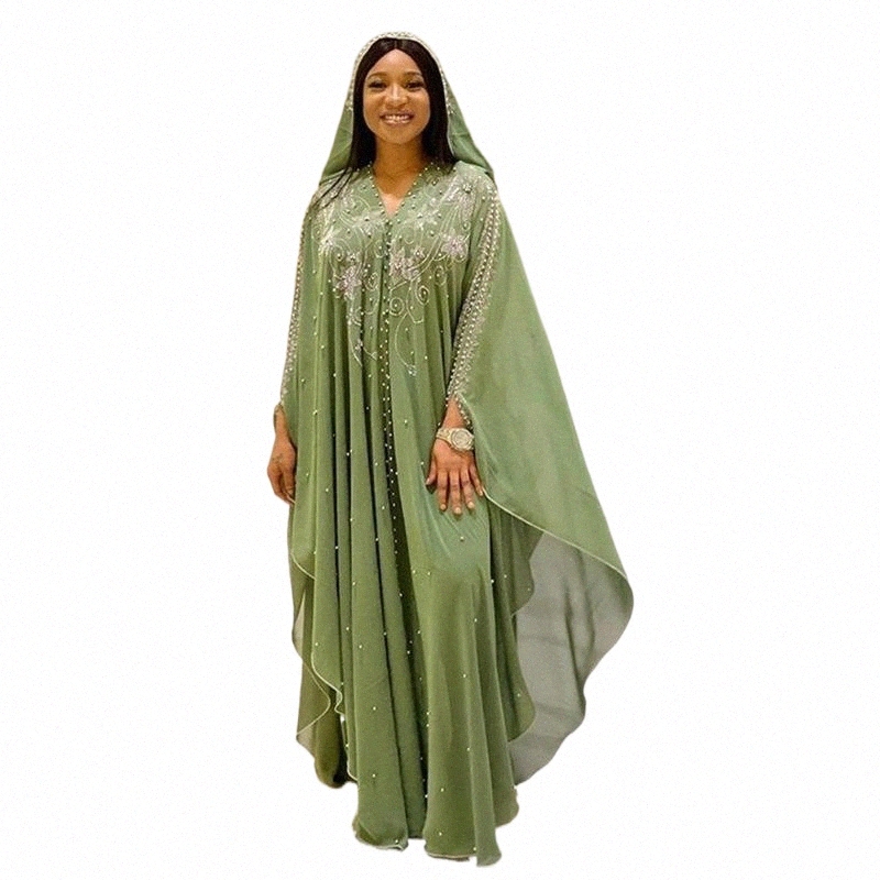 

casual Dresses Lugentolo Two Piece Set Maxi Dress Women Loose Batwing Sleeve V-Neck Pearl Chiffon Drill Ball Solid Womens Long y6PH#, Grass green