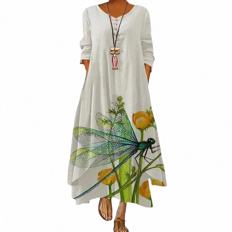 casual Dresses Button White Long Dress Women Elegant Floral Print Sleeve Plus Size Vestidos 2021 Femme b6GA#-image-802274402
