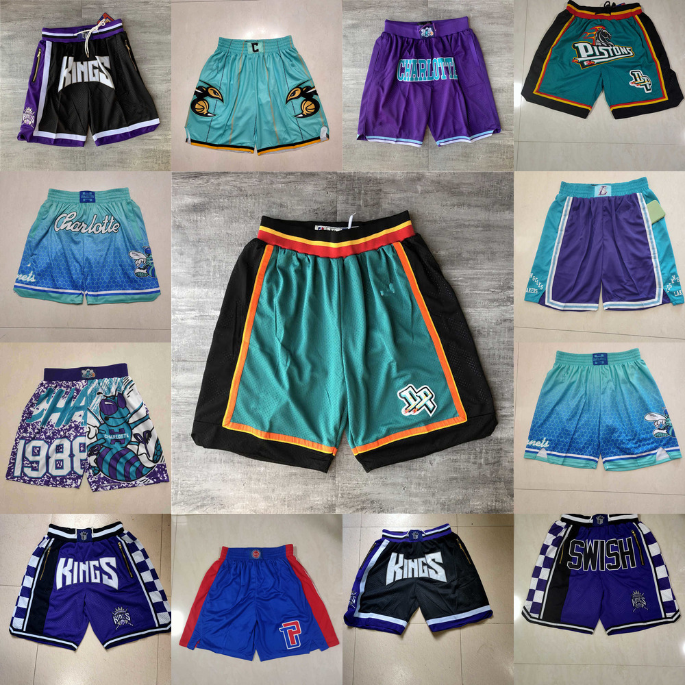 

Charlotte''Hornets''men Sacramento''Kings''black Detroit''Pistons''blue Throwback Basketball Shorts pocket red black, Color