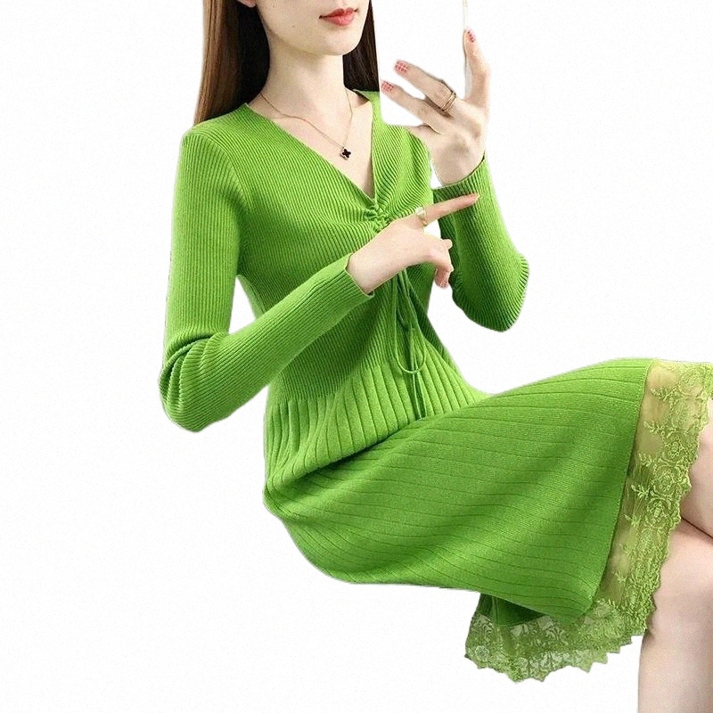 Robes décontractées en dentelle épissée craquée V Ve robe en tricot Femme Fouée d'automne Couleur de fête coréenne Base d'hiver Pull d'hiver E1DB
