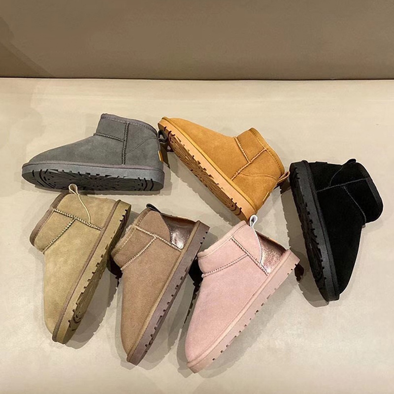 

Winter Snow Boots For Woman Flat Heel Leather Plush Fur Short Booties 5854 Classic Mini Warm Australia Shoes Grey Brown Black, 1#