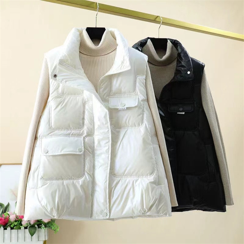Womens Down Parkas Woman Fashion Duck Down Jackets Vest Female Autumn Stand Collar Zipper Sleeveless Loose Solid Color Waistcoat Outerwear G535 2