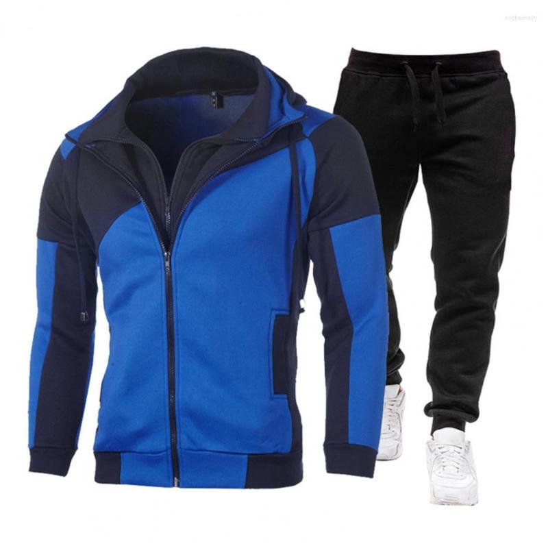 

Men's Tracksuits 2 Pieces Color Block Hooded Sweatshirt Drawstring Pants Elastic Waist Set Long Sleeve Warm Tracksuit For Sports, Blue