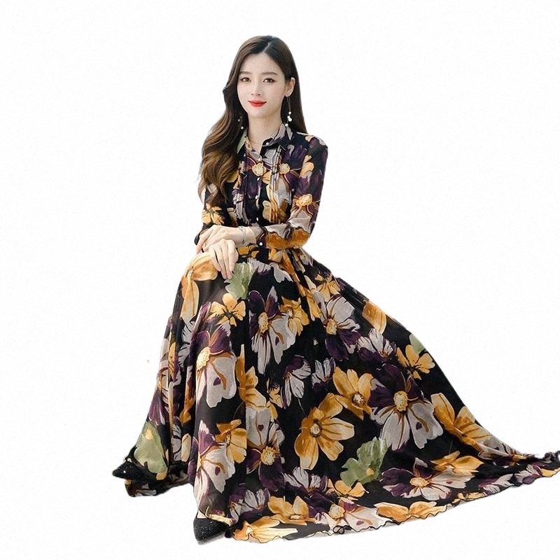 Robes d←contract←es 2021 Robe en mousseline de soie imprim←e r←tro d'automne avec grande swing imprim← ¢ manches longues pour les dames de vacanc