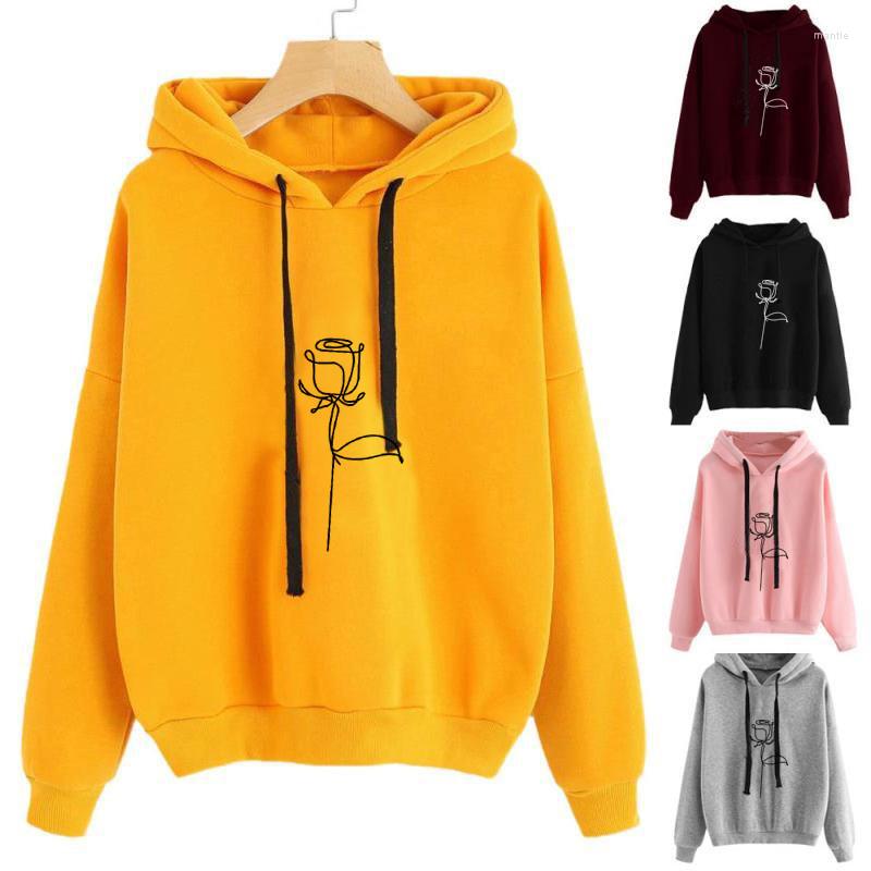 

Women' Hoodies 2022 Fashion Print Women' Drawstring Hooded Sweater Rose Loose Round Neck Long Sleeve T-Shirt, Black