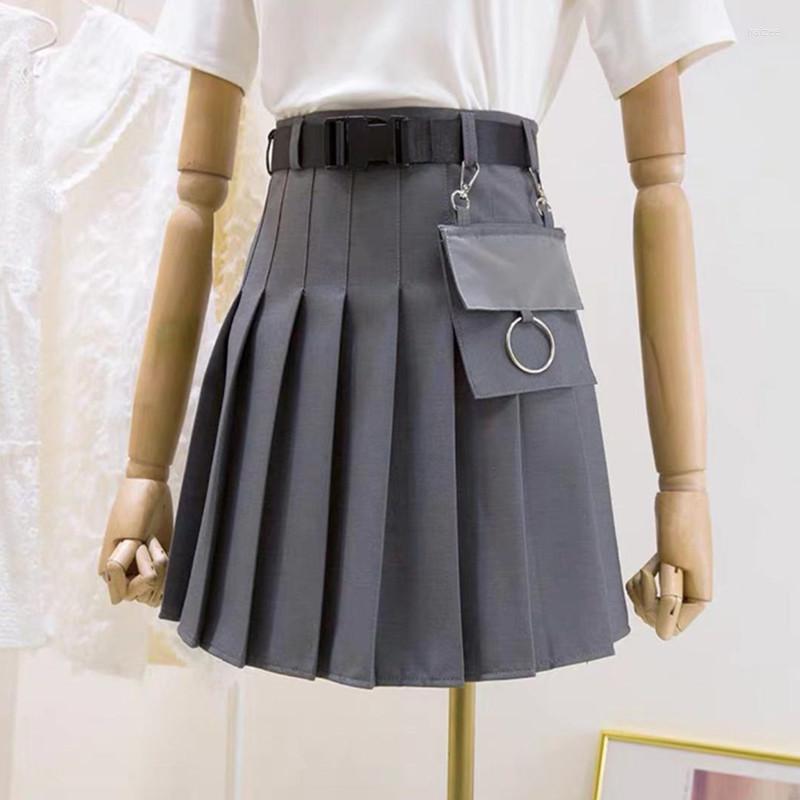 

Skirts E-Girl Pleated Skirt With Buckle Belt Pocket High Waist Utility Mini Women Y2K Aesthetic KPOP Outfit, Black