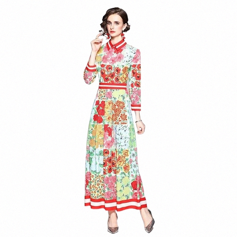 

casual Dresses 2021 Autumn Printed Runway Maxi Dress Long Sleeve Women Designer Shirt Neck Office Slim Pleated A-Line Party Boho Frock 801c#, Mixed color