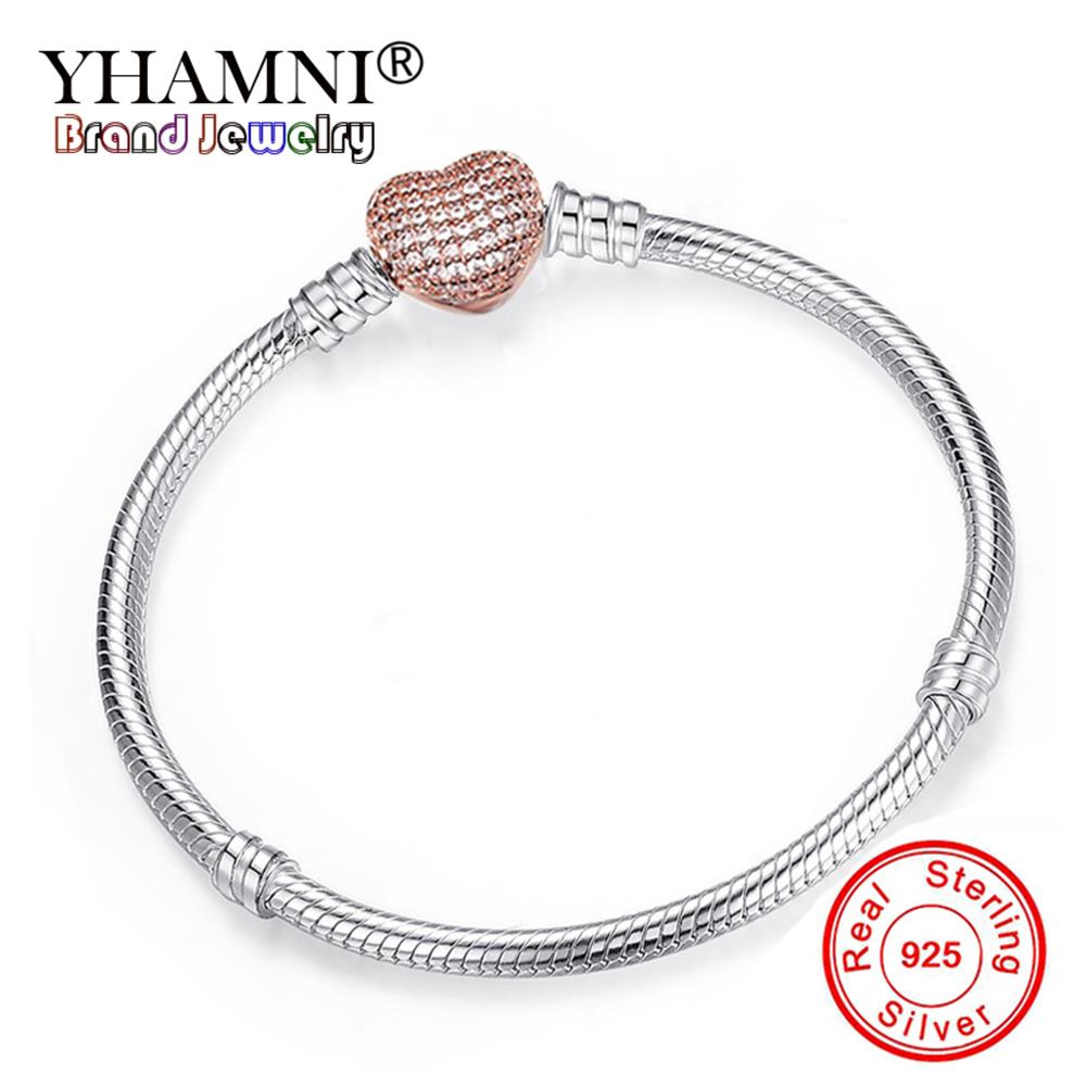 

YHAMNI Romantic Original Silver Heart-Shaped Snake Chain Charm Bracelet For Women Brand Bracelet&Bangle DIY Jewelry Making Gift HZ267p