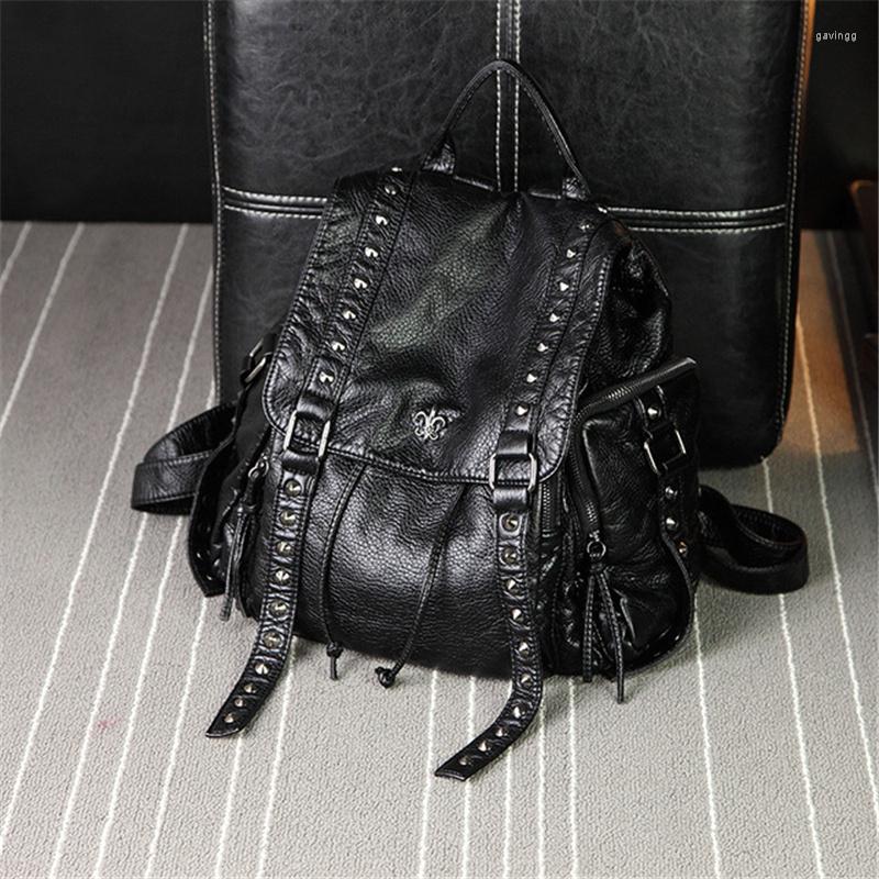 

Backpack Style 2022 Female Rivet Soft Leather Washed Travel Student Girl School Bag Anti-Theft Rucksack, Black