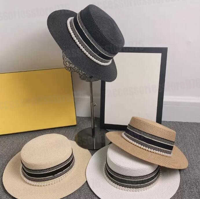

Summer Women Pearl Straw Hats Fashion Sun UV Protection Beach Wide Brim Outdoor Beach Handmade Bucket Fisher Hat Letter Flat Oversized Visor