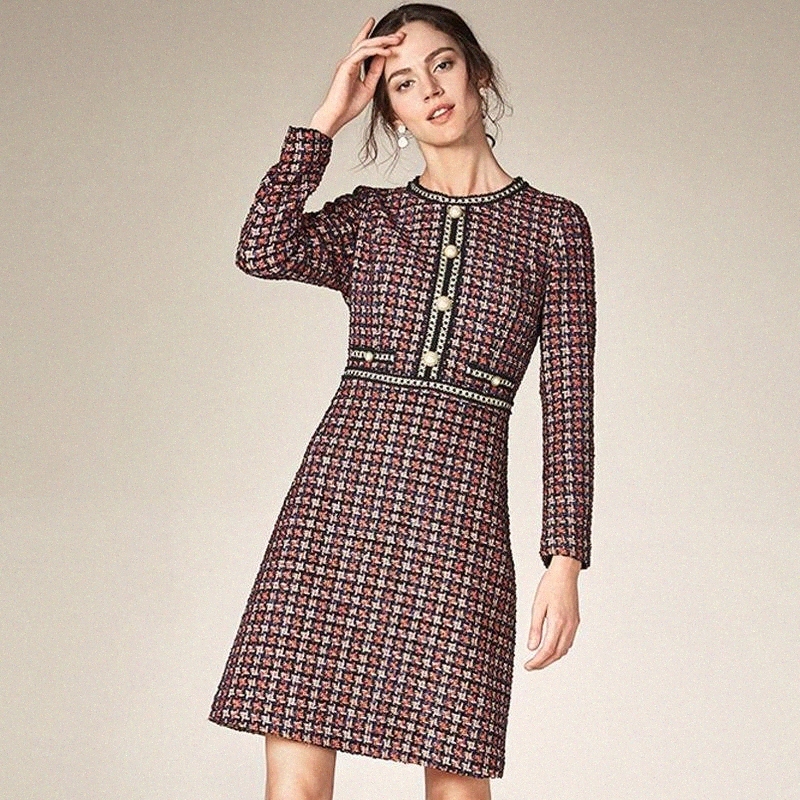 

casual Dresses Tweed Red Plaid Dress 2021 Spring / Autumn Women's Fashion Houndstooth Bright Silk s15r#, Orange