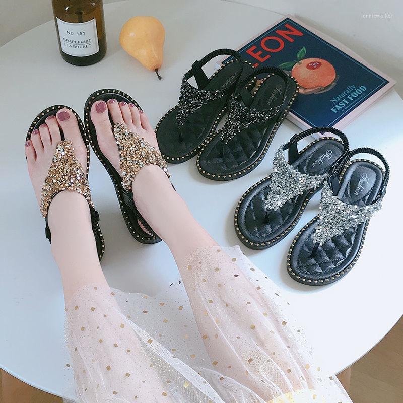 

Sandals Summer Fairy Herringbone Rhinestone Female Outer Wear Flat Soft Women's Shoes 2022 Flip-flop Beach, Black