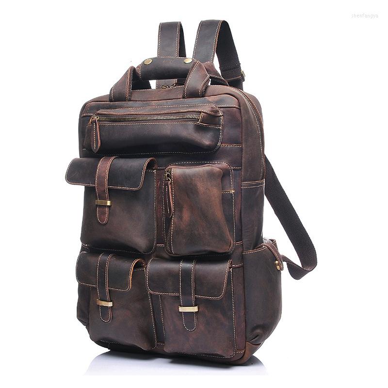 

Backpack Vintage Genuine Leather Backpacks Men Women High Quality Cow Crazy Horse Shoulder Bag Bolsa Masculina, Chocolate