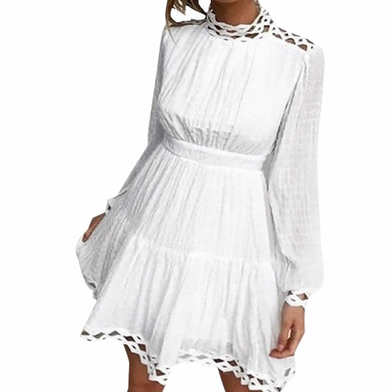 Robes d￩contract￩es printemps automne creux ou robe en dentelle Femmes Ruffles Stand Collier Lantern Lantern Couleur Couleur de bureau courte S8B