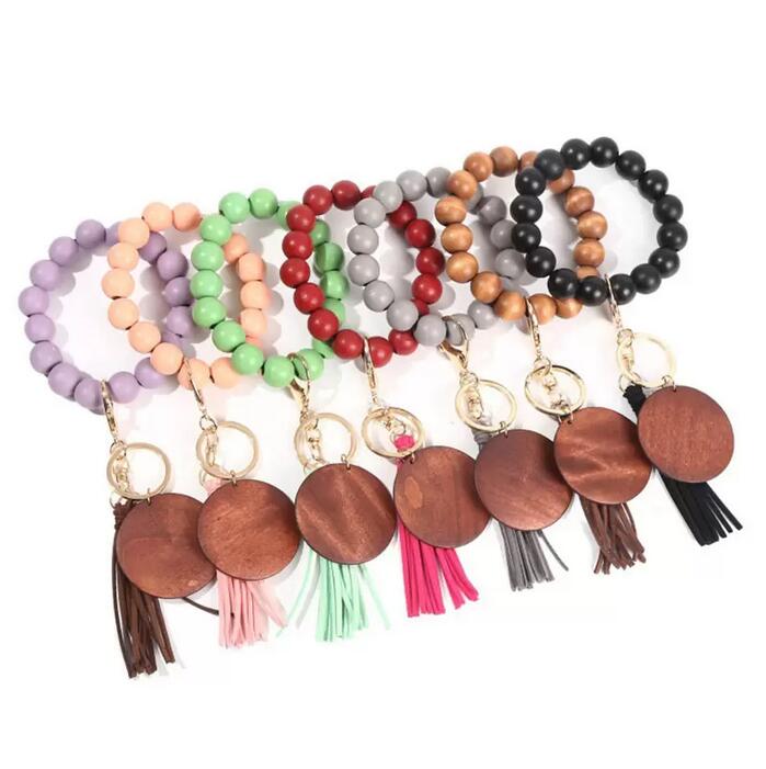 

Tassel Beaded Wooden Bracelet Keychains DIY Wood Key Rings Bracelet with Fringe Keychain for Women 13 colors