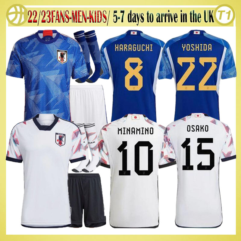 

Japan 2022 Soccer Jersey home away MINAMINO OSAKO NAGATOMO YOSHIDA HARAGUCHI ATOM 2023 Japanese 22 23 child Football Shirt HONDA women men set kids kit Player version, Away kids+socks