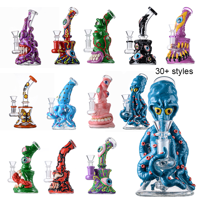 

Uniqe Glass Bongs Halloween Style Hookahs 7 Inch Mini Small Oil Dab Rigs Beaker Showerhead Perc Percolator Eye Handcraft Water Pipes 14mm Joint With Bowl