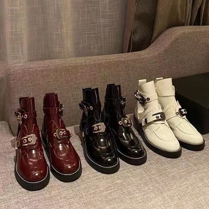

Autumn winter boots woman Thick soled Trainers Travel Metal belt buckle boot 100% Soft cowhide lady Flat Casual designer shoe leather High top women shoes size 35-40-41, White