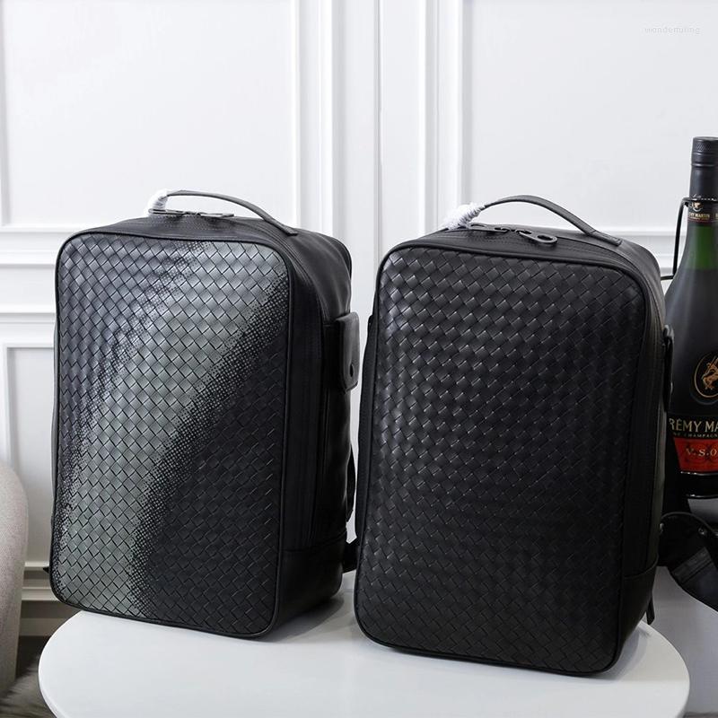

Backpack Men Cowhide Genuine Leather Woven Large Capacity Casual Fashion Travel Bag High Quality Luxury Business Laptop
