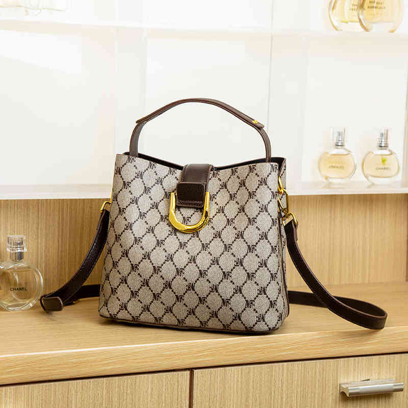 Bucket bag women's 2022 new leather texture printed single shoulder light luxury hand diagonal Purses Outlet-image-802599054