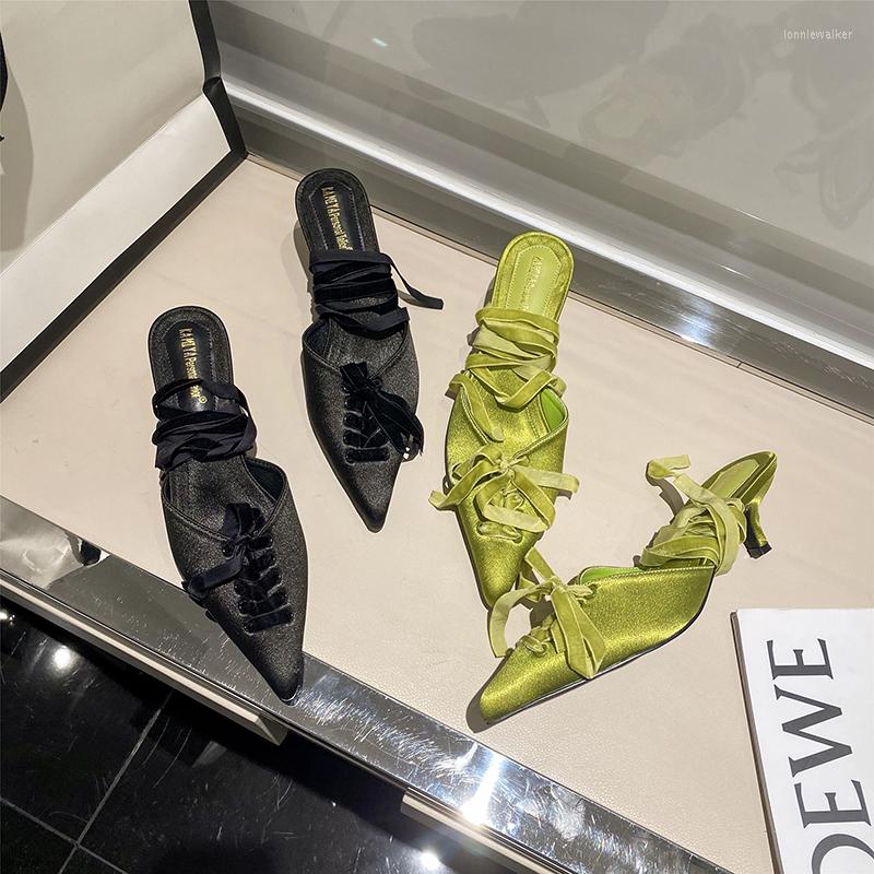 

Sandals Fashion Women Pointed Toe Bow Design Thin High Heels Ankle Strap Pumps Shoes Woman Black Green Party Dress