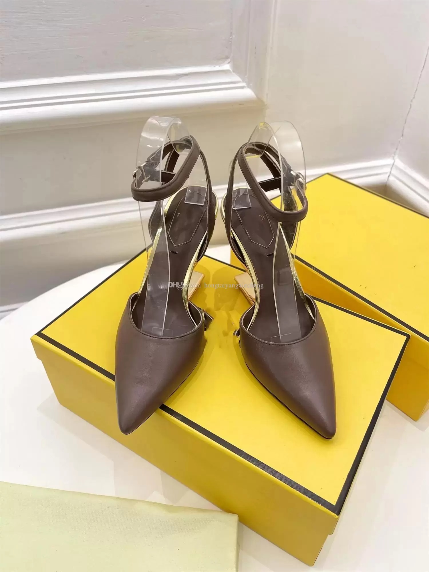 

Famous black Summer First Sandals Shoes For Women Mules Gold-tone Heel Open toe Elegant Lady High Heels Slip Sexy Sandalias box EU35-40