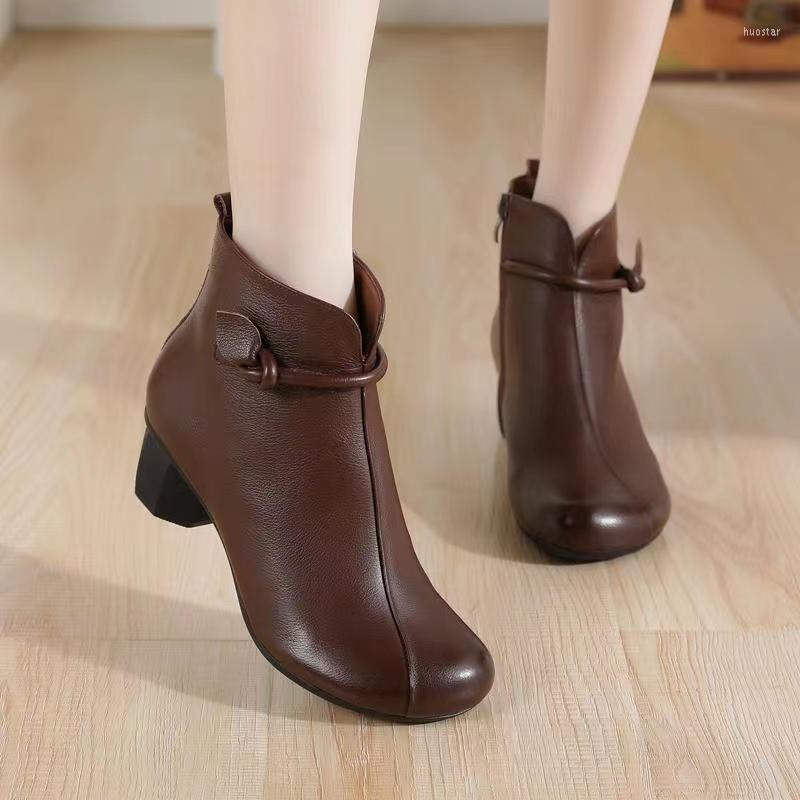 

Boots 2022 Winter Women's Mary Jane Leather Wedges Female Zipper Round Toe Casual Office Dress Shoes Woman, Brown