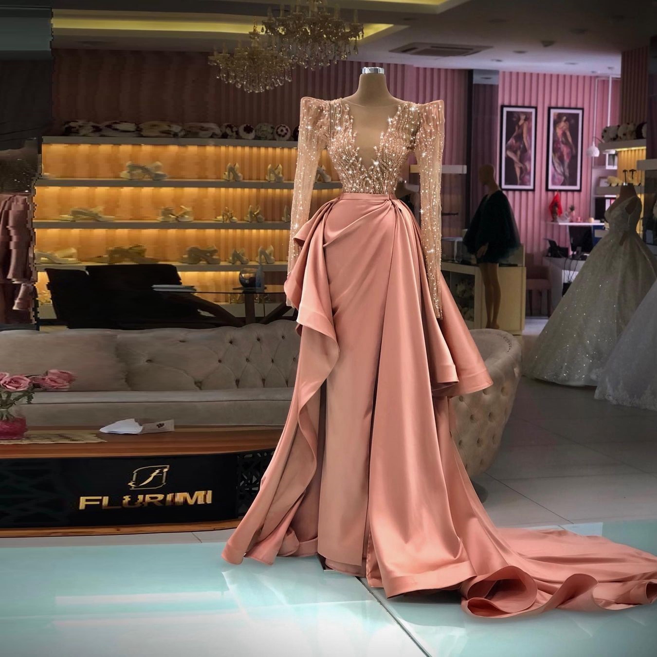 

Pink Satin Prom Dresses Lace Long Sleeves Deep V Neck Satin Appliques Sequins Shiny Evening Dresses Sexy Elegant Floor Length Party Gowns Plus Size Custom Made, Champagne