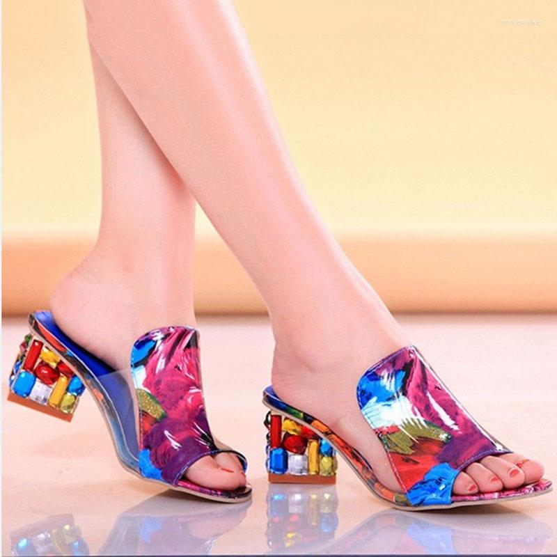 

Sandals Fashion Crystal Ladies Open Toe Square Heels Women Shoes Slippers Footwear Chaussure Femme, White