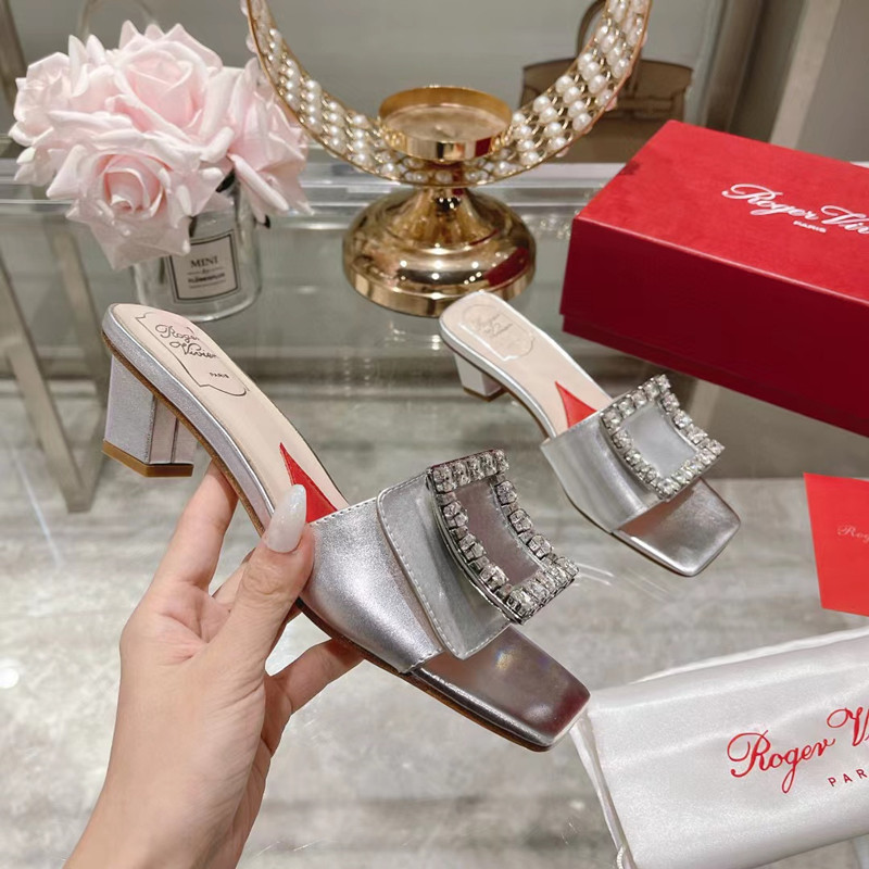 

Crystal Diamonds Square Buckle High Heels Slippers For Women Designer Genuine Leather Ladies Sandals Solid Color Real Silk Sexy Elegant Slides Outdoor Slippers, As pic 4.5 cm