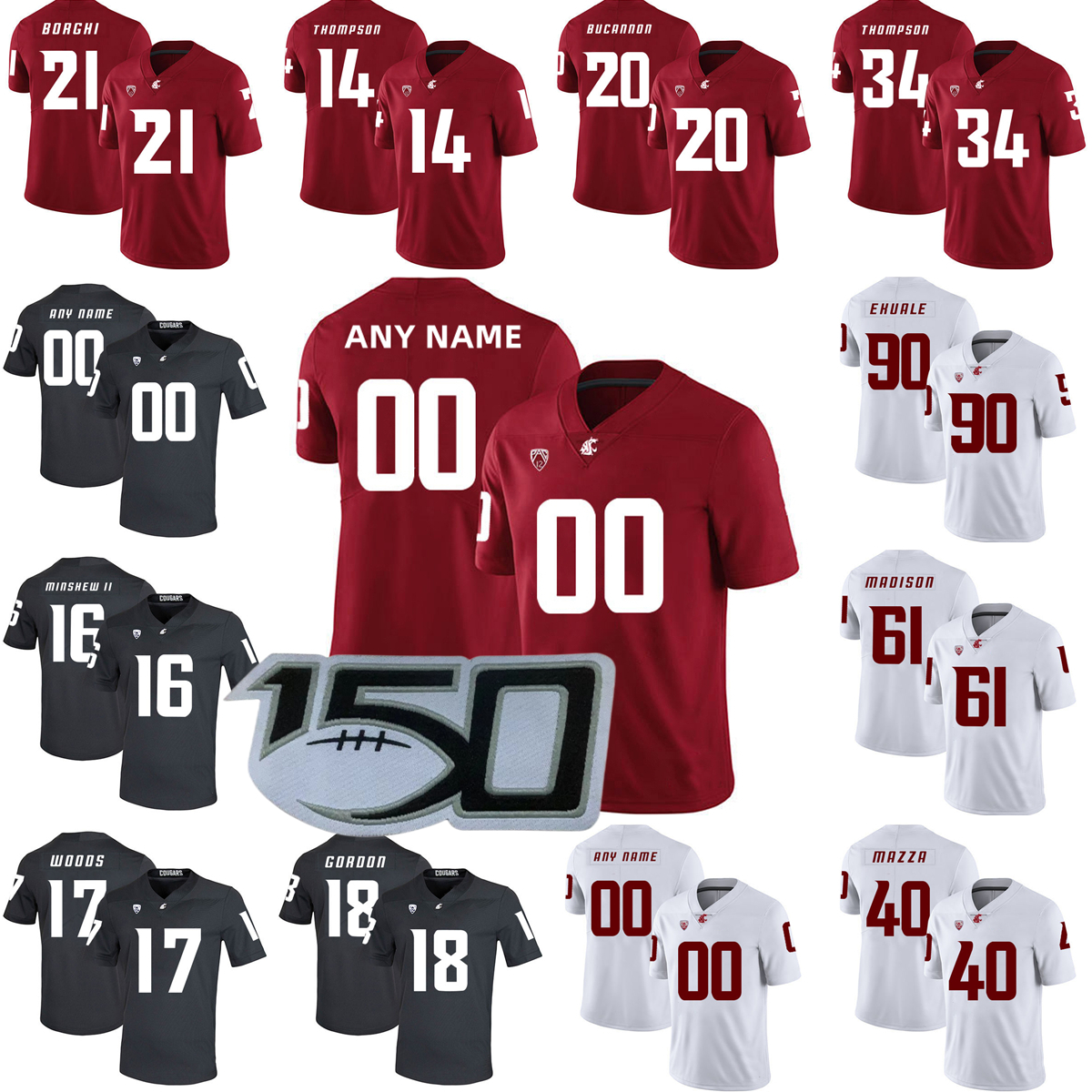 

Custom NCAA College Washington State WSU Cougars Football Jersey 98 Luke Holcomb 29 Jaylen Jenkins 9 Renard Bell Jake Bowen Jerseys Stitched Men Women Youth Kids Boys, Black with 150th patch
