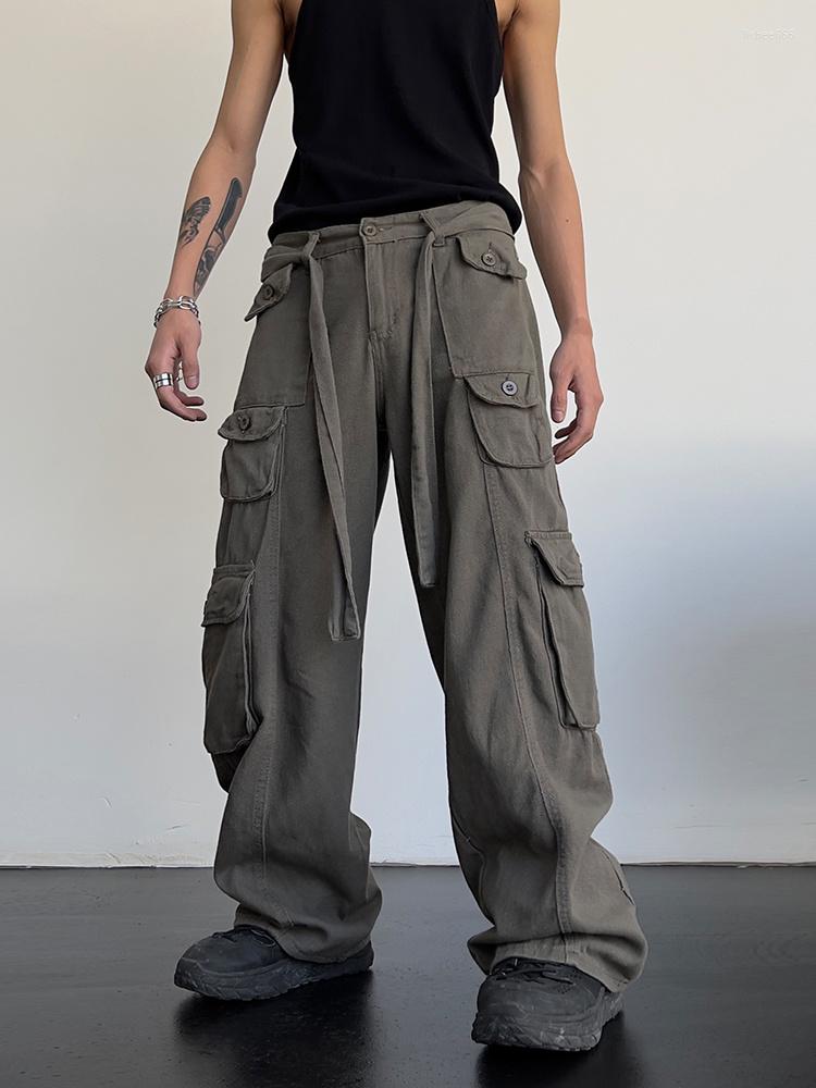

Men' Pants High Street Retro Casual Large Pocket Overalls Men' Women' Summer Loose Straight Tube Draped Wide Leg Harajuku