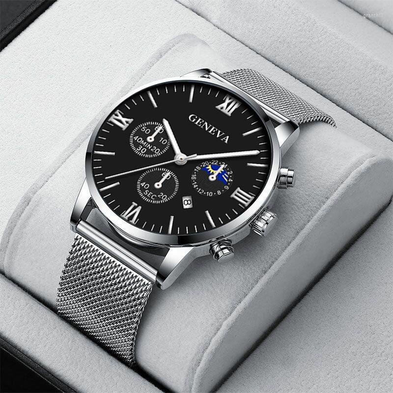 

Wristwatches Top Men Business Calendar Watches Geneva Stainless Steel Mesh Quartz Watch Women Casual Wrist Relogio Masculino