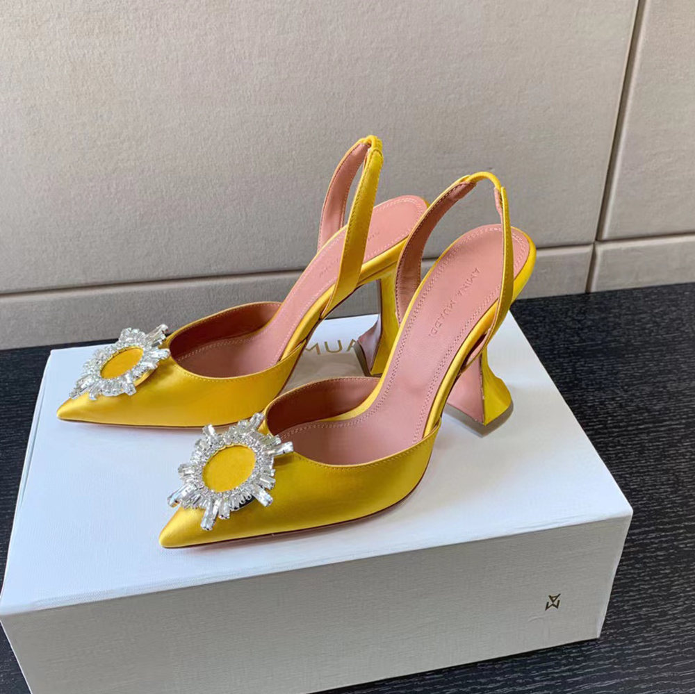 

Amina muaddi Begum Luxury Designer Satin Pumps shoes Crystal-Embellished buckle stain spool Heels sandals women's Dress shoe Evening Slingback With box, Blue
