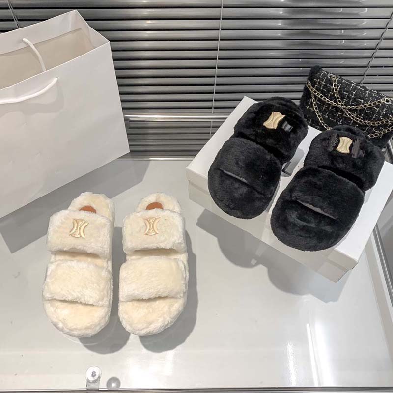 

High Quality woman slippers fuzzy fashion Sandals Metal decoration Beach classic slipper platform Alphabet lady Leather flat slides Winter, #0